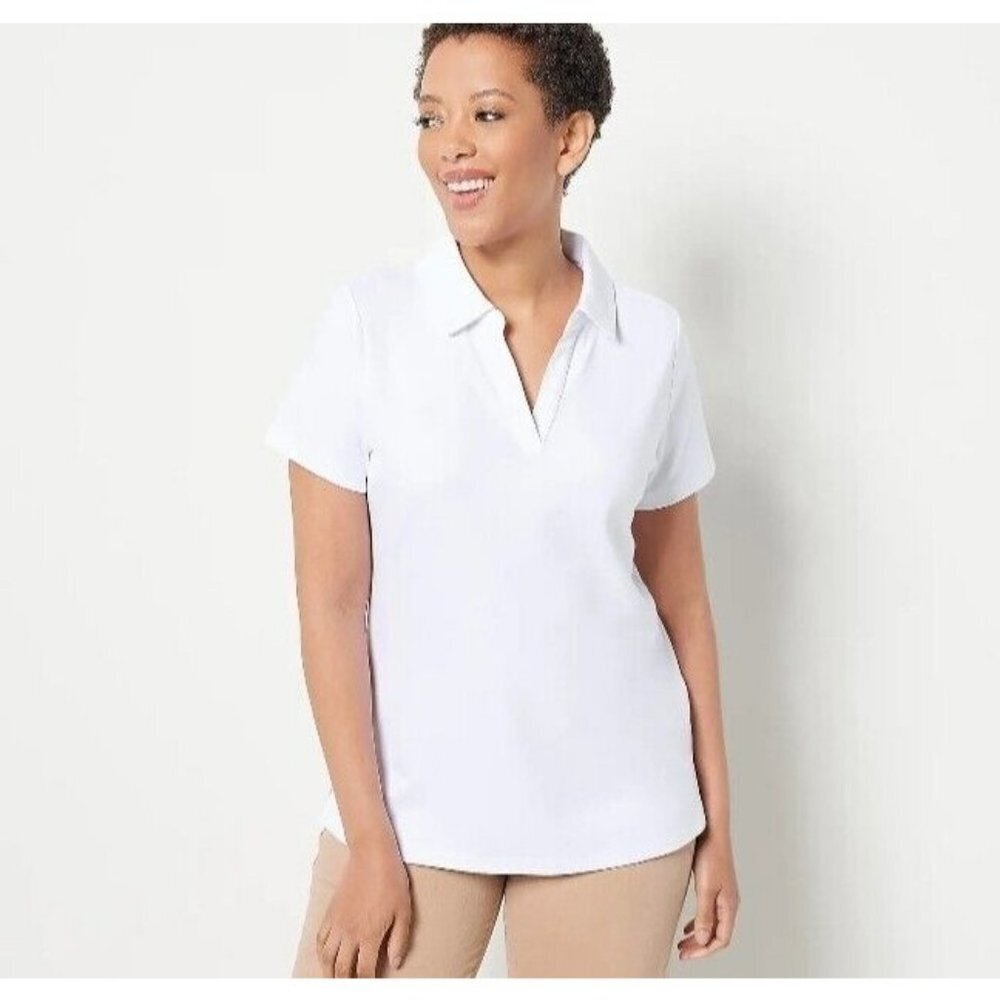 Isaac Mizrahi Live! Short Sleeve Pima Cotton Polo Top Bright White.Small